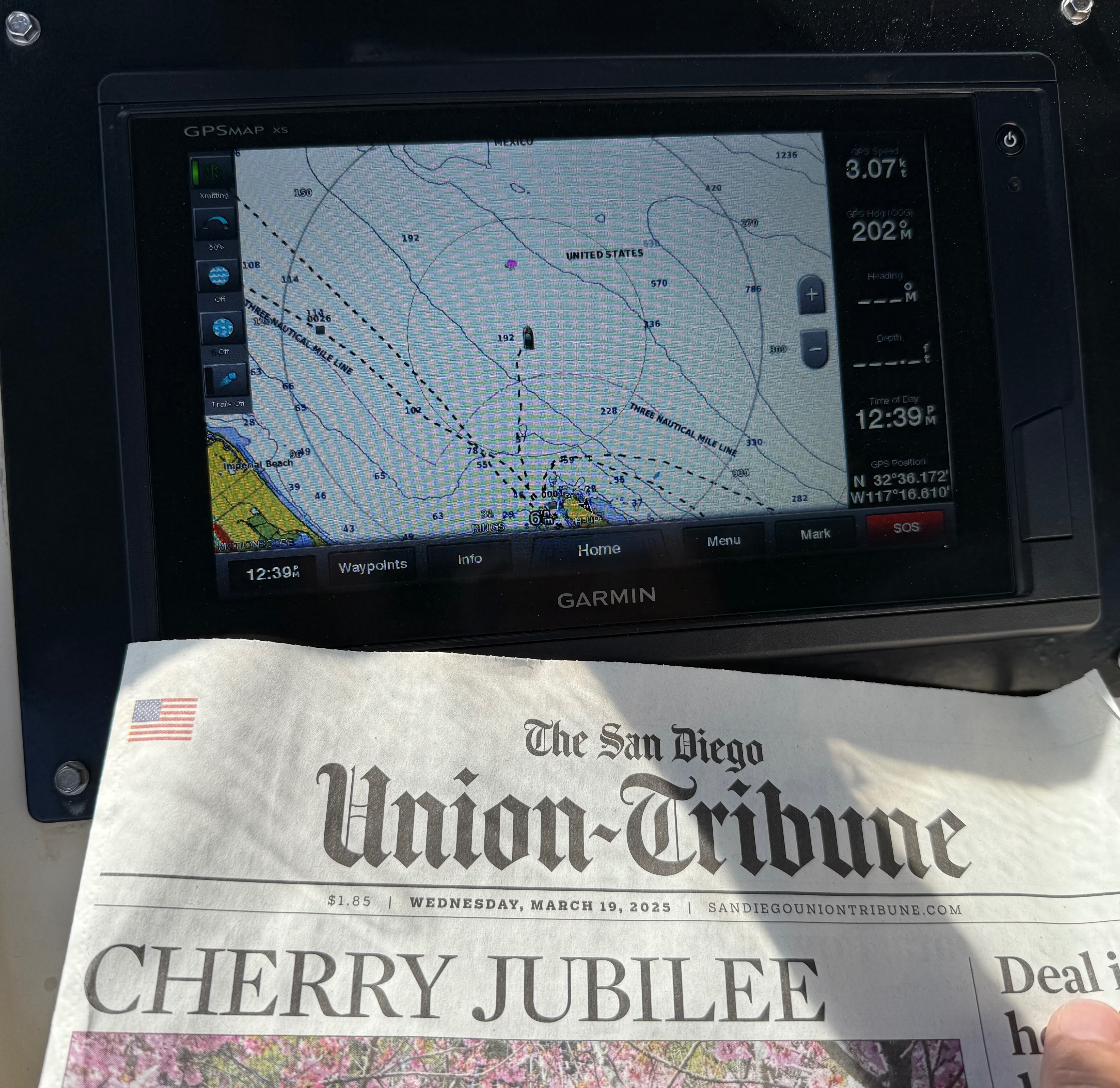 Garmin GPS navigation display showing San Diego Bay
